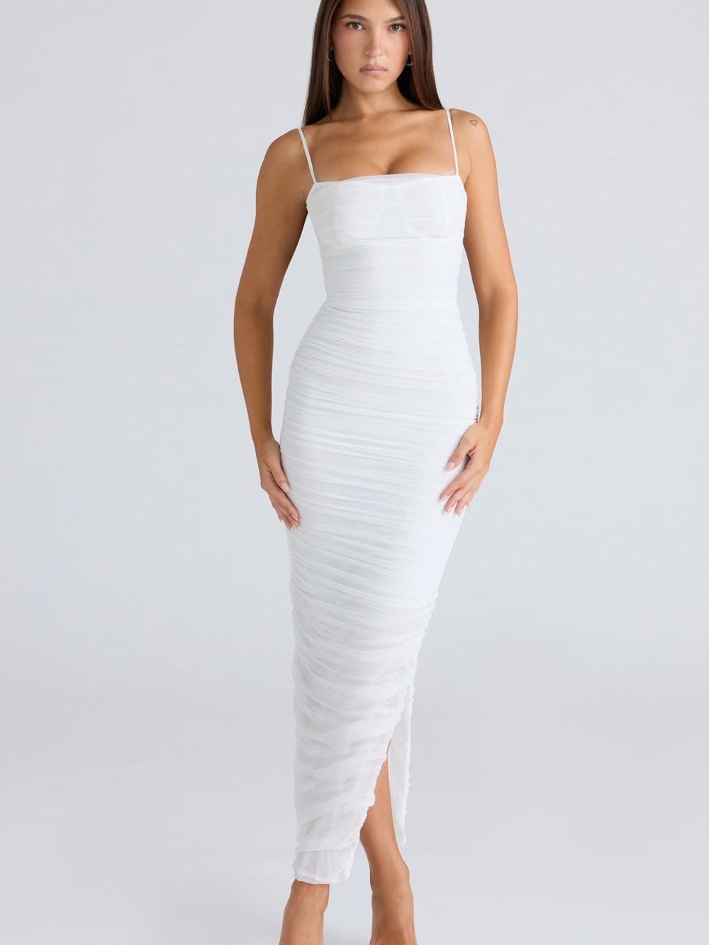 House of CB White Ruched Spaghetti-Strap Maxi Dress
